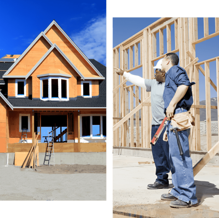 House construction with workers discussing plans.