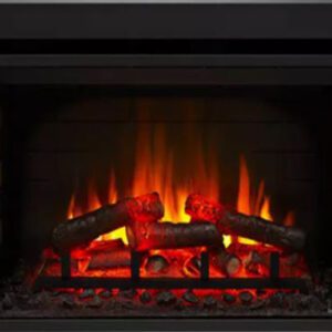 Cozy fireplace with glowing logs.