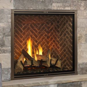 Cozy fireplace with burning logs and flames.