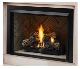 Fireplace with burning logs and flames.