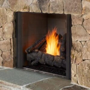 Stone fireplace with a bright, warm fire.