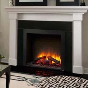 Modern fireplace with glowing embers and logs.