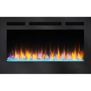 Electric fireplace with colorful flames and crystals.