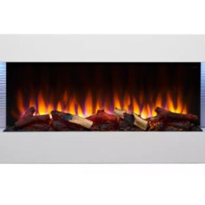 Modern electric fireplace with glowing flames.
