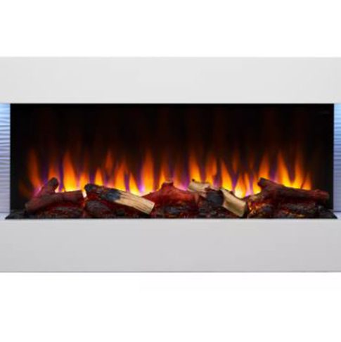 Modern electric fireplace with glowing flames.