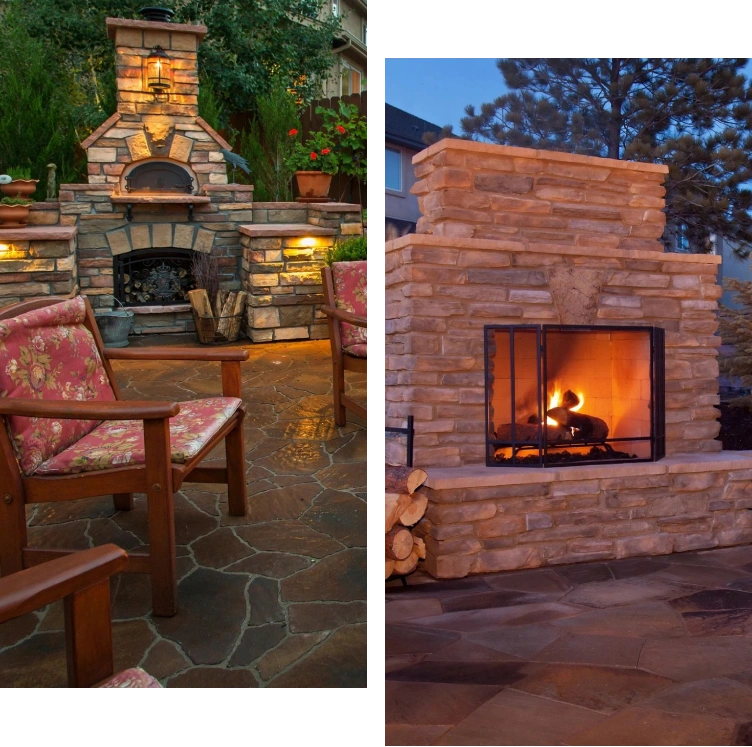 New Project Outdoor stone fireplace with wooden chairs and warm lighting.