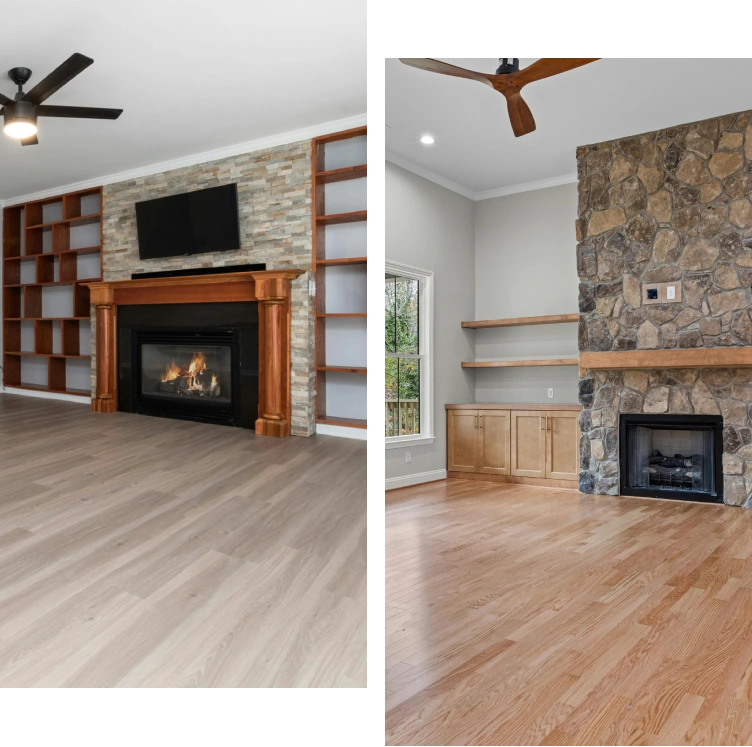 img-2 Side-by-side image of two living rooms with fireplaces and wooden floors.