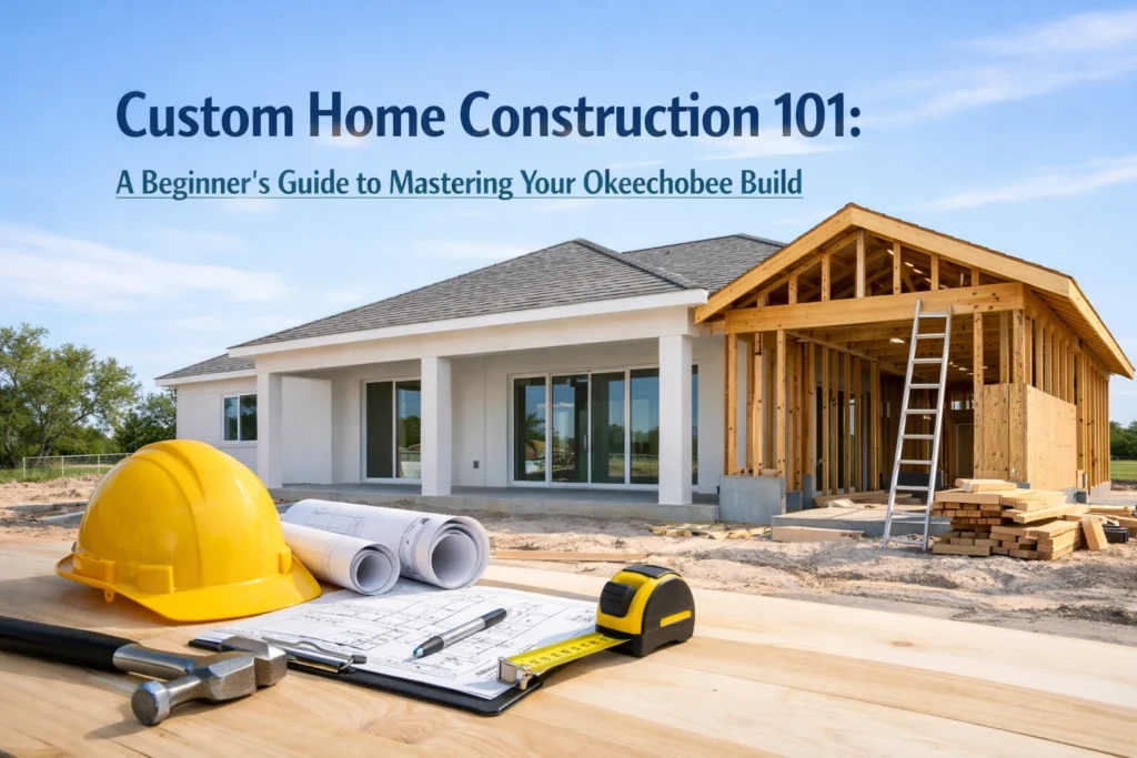 Custom home construction site with blueprints